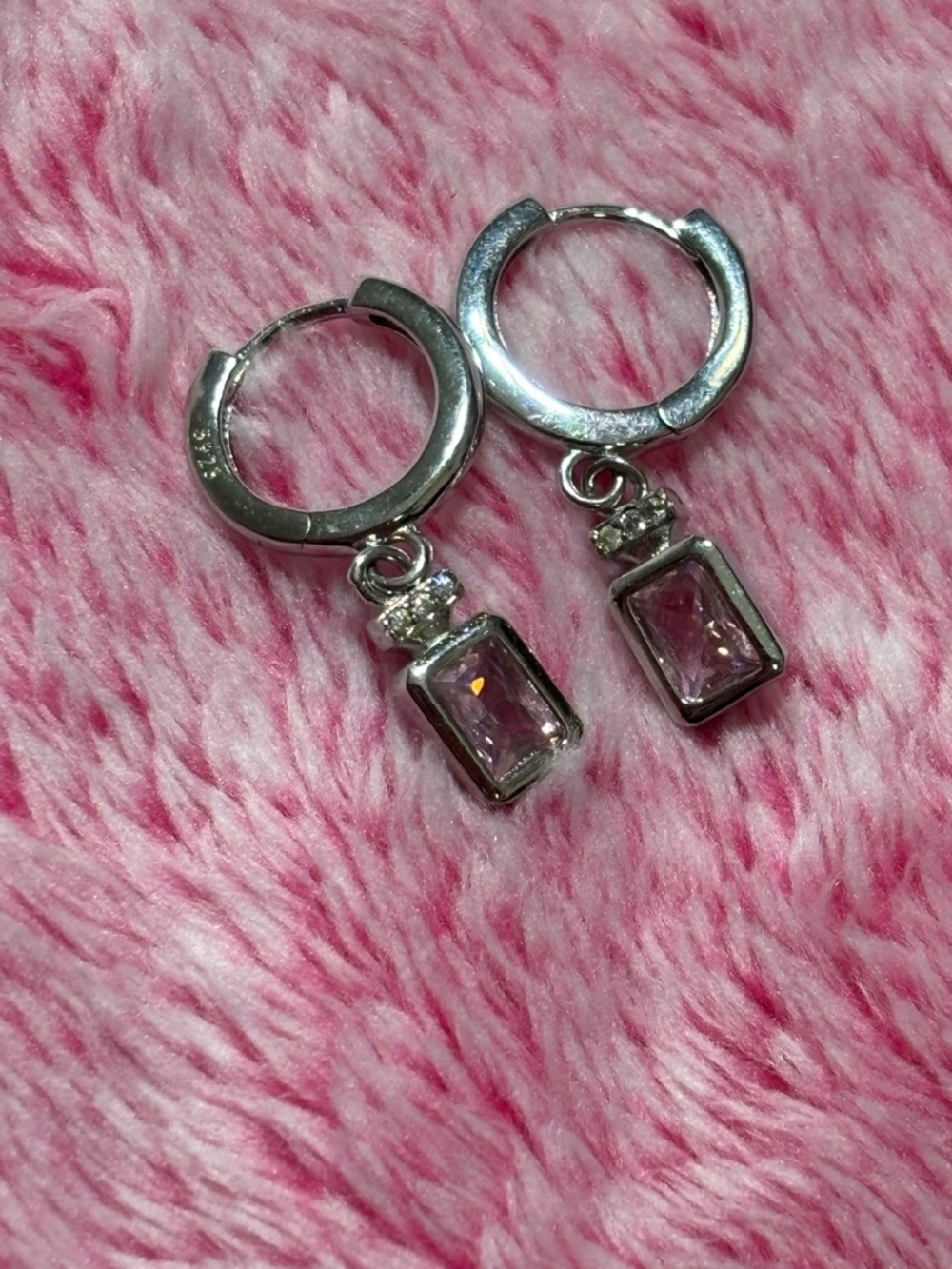 Sterling Silver Hoop Earrings with Pink CZ Gem Dangle